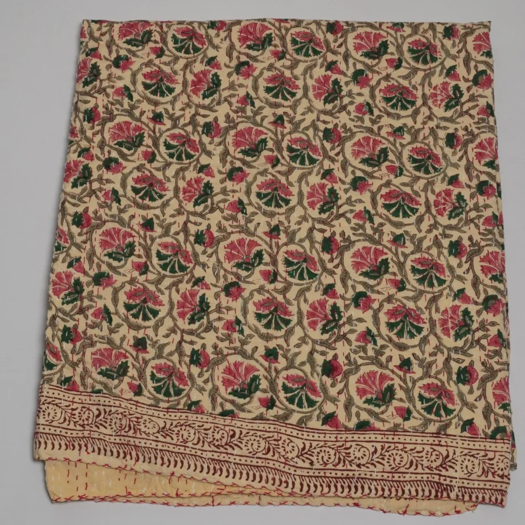 Indian Kantha Quilt Beige Floral Hand Block Print Cotton
