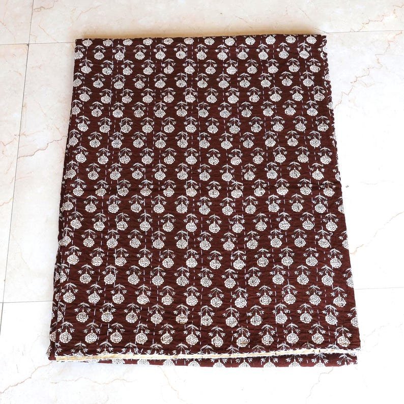 Brown Floral Kantha Quilt | Handmade Cotton Bedspread