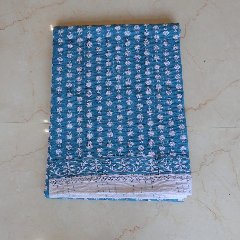 Teal Blue Floral Kantha Quilt – Handmade Cotton Indian Bedspread