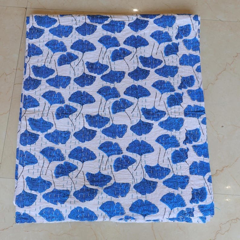 Blue Ginkgo Leaf Kantha Quilt | Cotton Botanical Bedspread