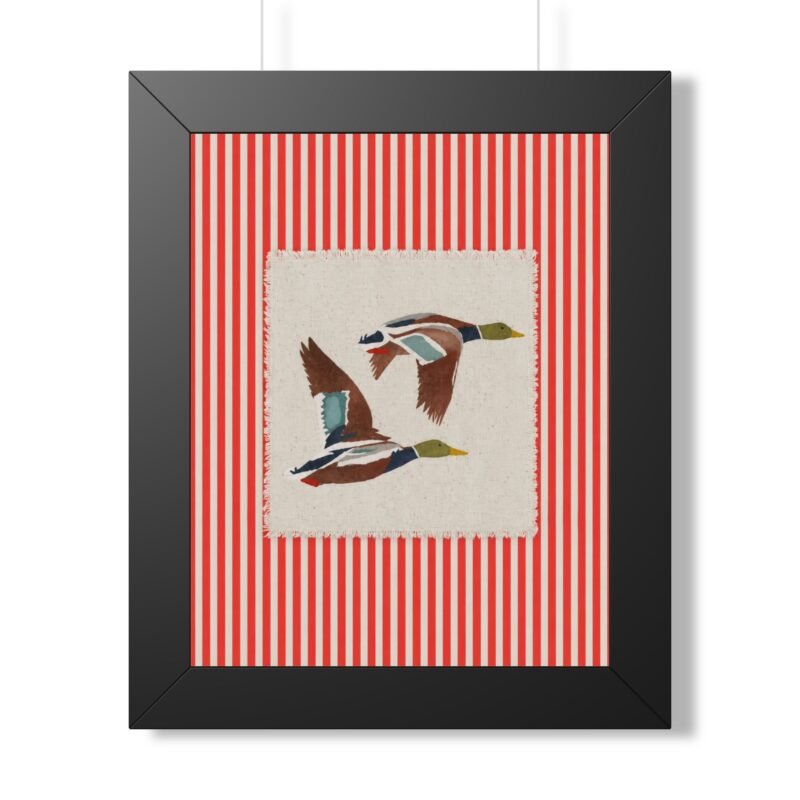 Mallard Flight Framed Poster — Vintage Ducks on Red Stripe Wall Art