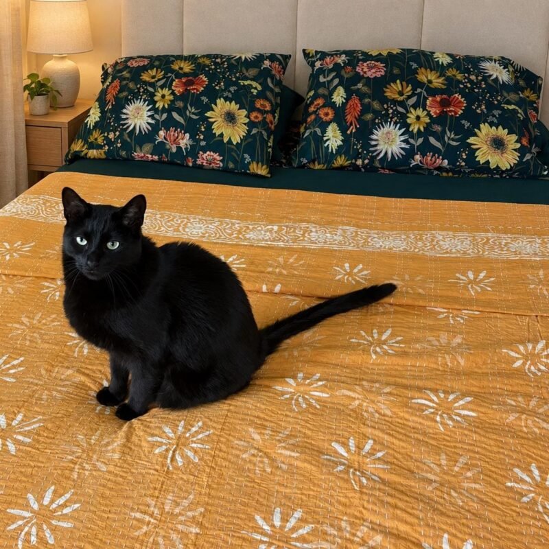 Mustard Kantha Quilt, White Floral Block Print Cotton Bedspread