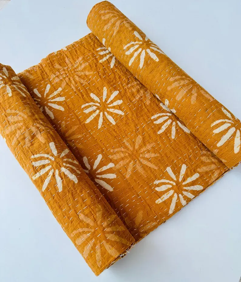 Mustard Kantha Quilt, White Floral Block Print Cotton