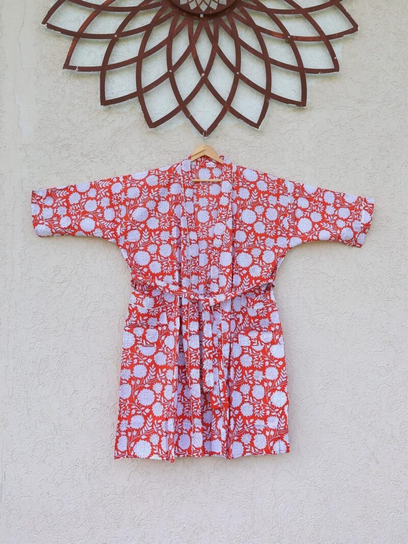 Orange Floral Cotton Kimono Robe – Hand Block Print Lounge Robe