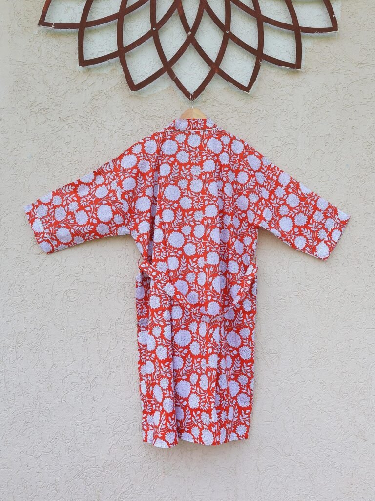 Orange Floral Cotton Kimono Robe – Hand Block Print Lounge Robe