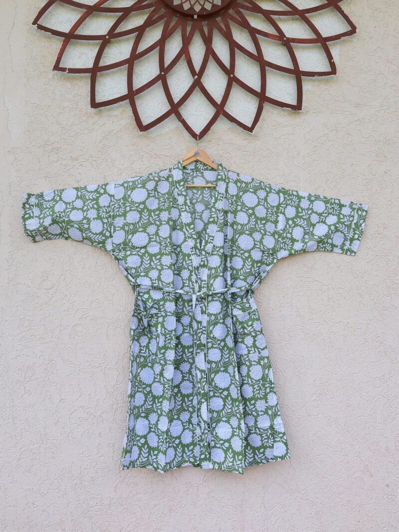 Green Floral Cotton Kimono Robe – Hand Block Print Long Lounge Robe